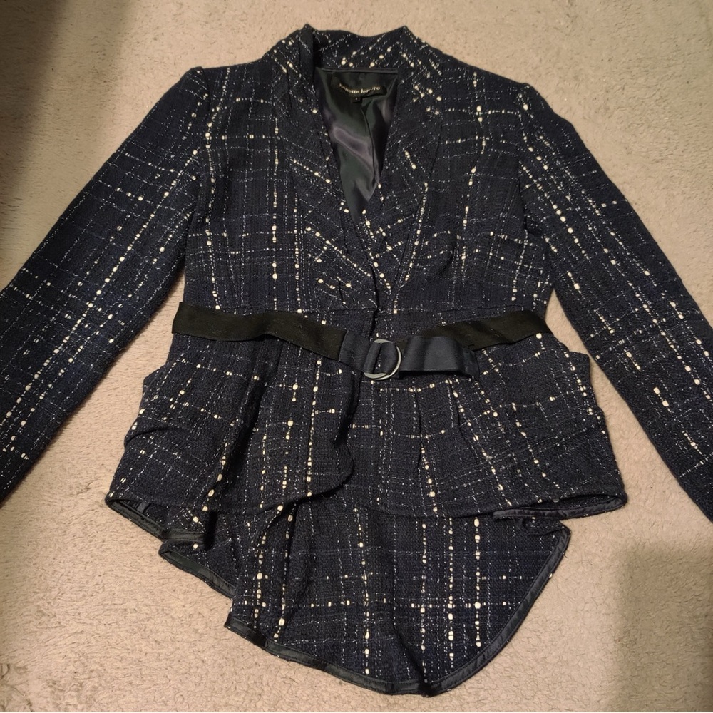 Nanette Lepore Maddalena Tweed Blue Blazer Belted Mermaid Asymmetric Size 4 Navy - Picture 3 of 10